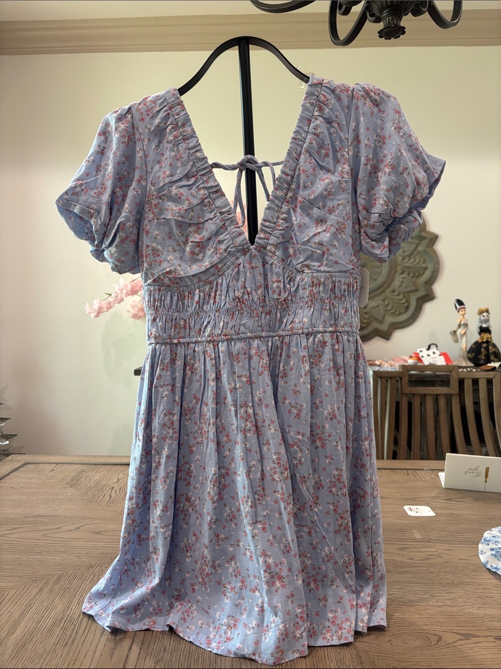 Altar'd State Light Blue Floral V-Neck Smocked Mini Dress
